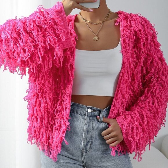 Hot Pink Casual Women's Shaggy Knit Duster Cardigan - Picture 6 of 7